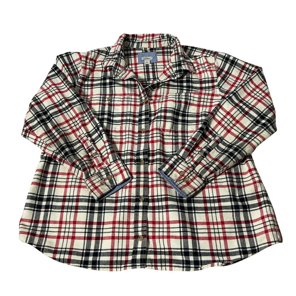 LL Bean Plaid Flannel Button Down Shirt Womens XL Red Navy White Cotton 504152
